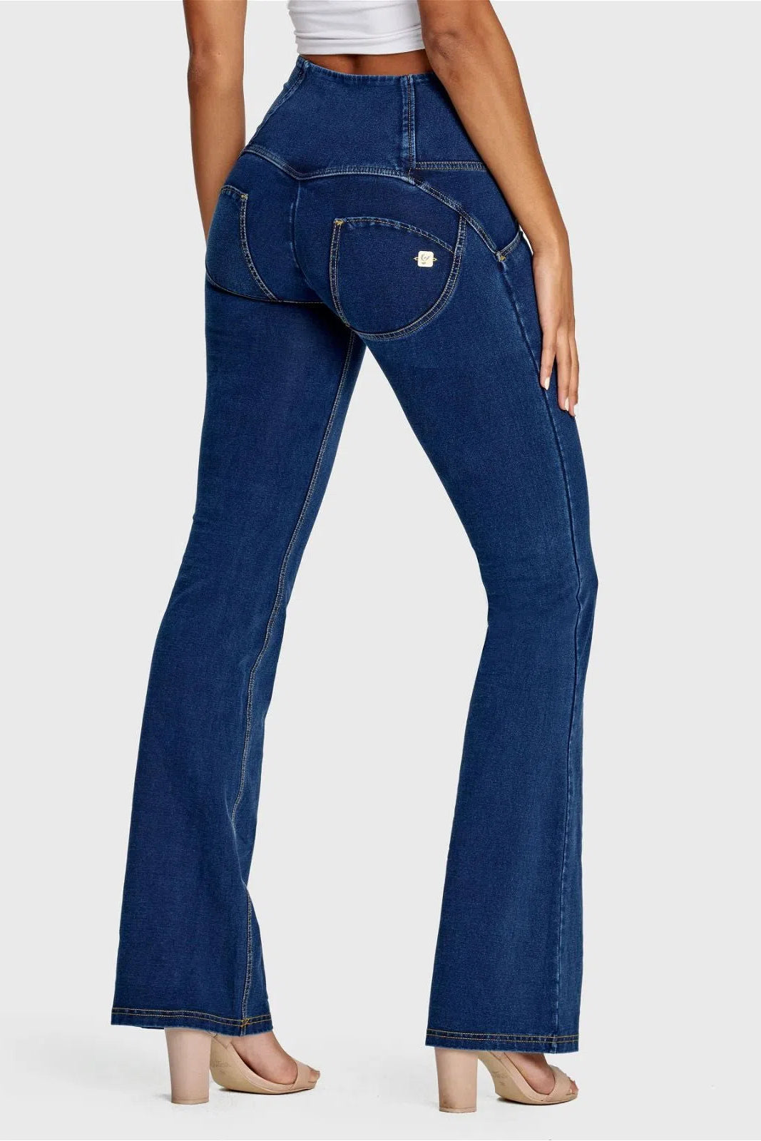 WRUP Denim - High Waisted - Bell Bottom Flare - Dark Blue + Yellow Stitching 1