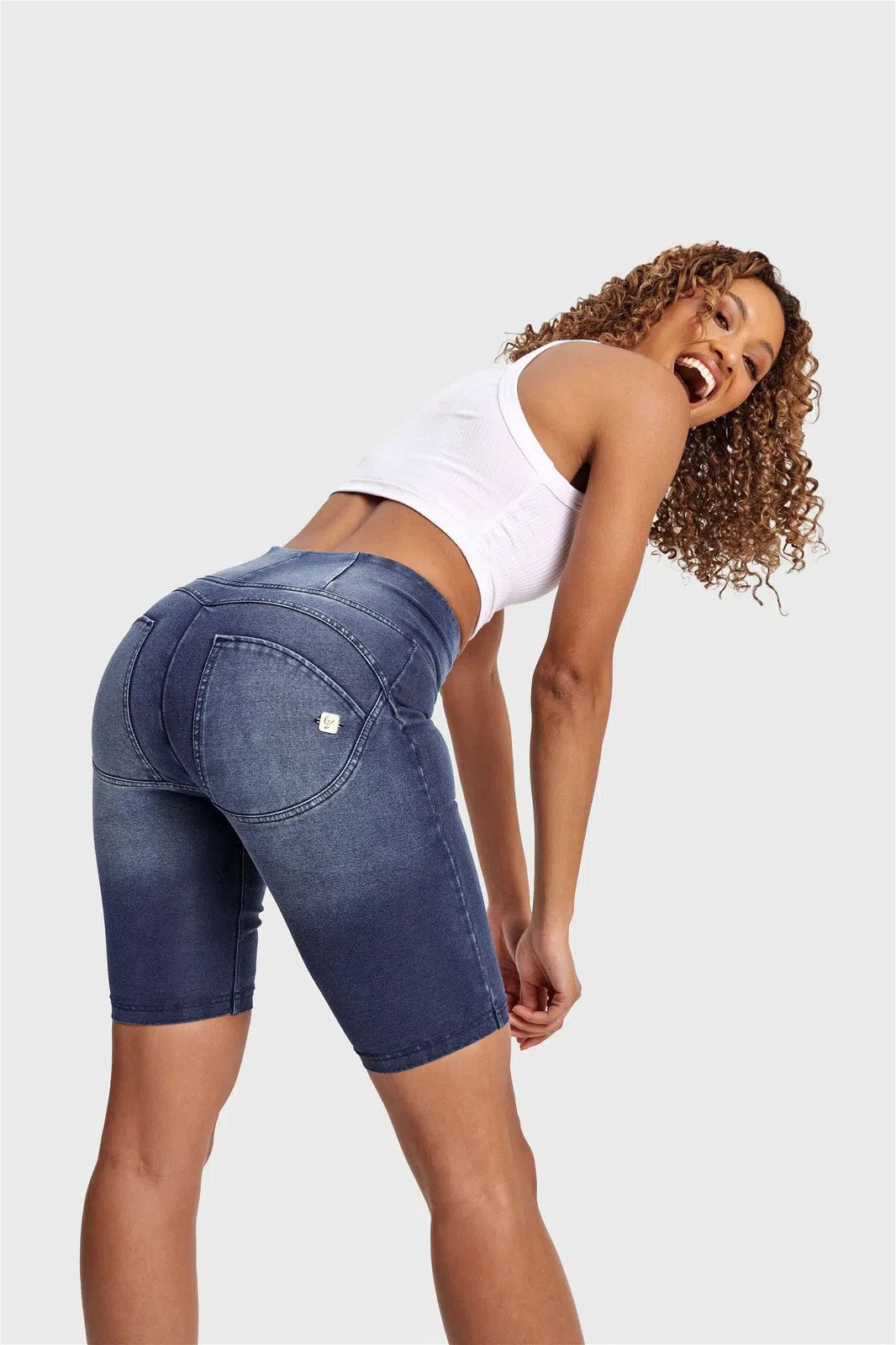 WRUP Denim - High Waisted - Biker Shorts - Dark Blue + Blue Stitching 3