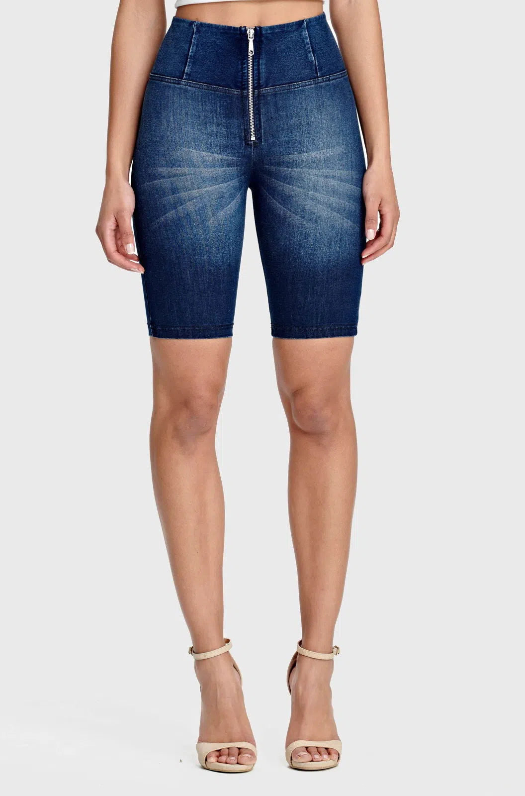 WRUP Denim - High Waisted - Biker Shorts - Dark Blue + Blue Stitching
