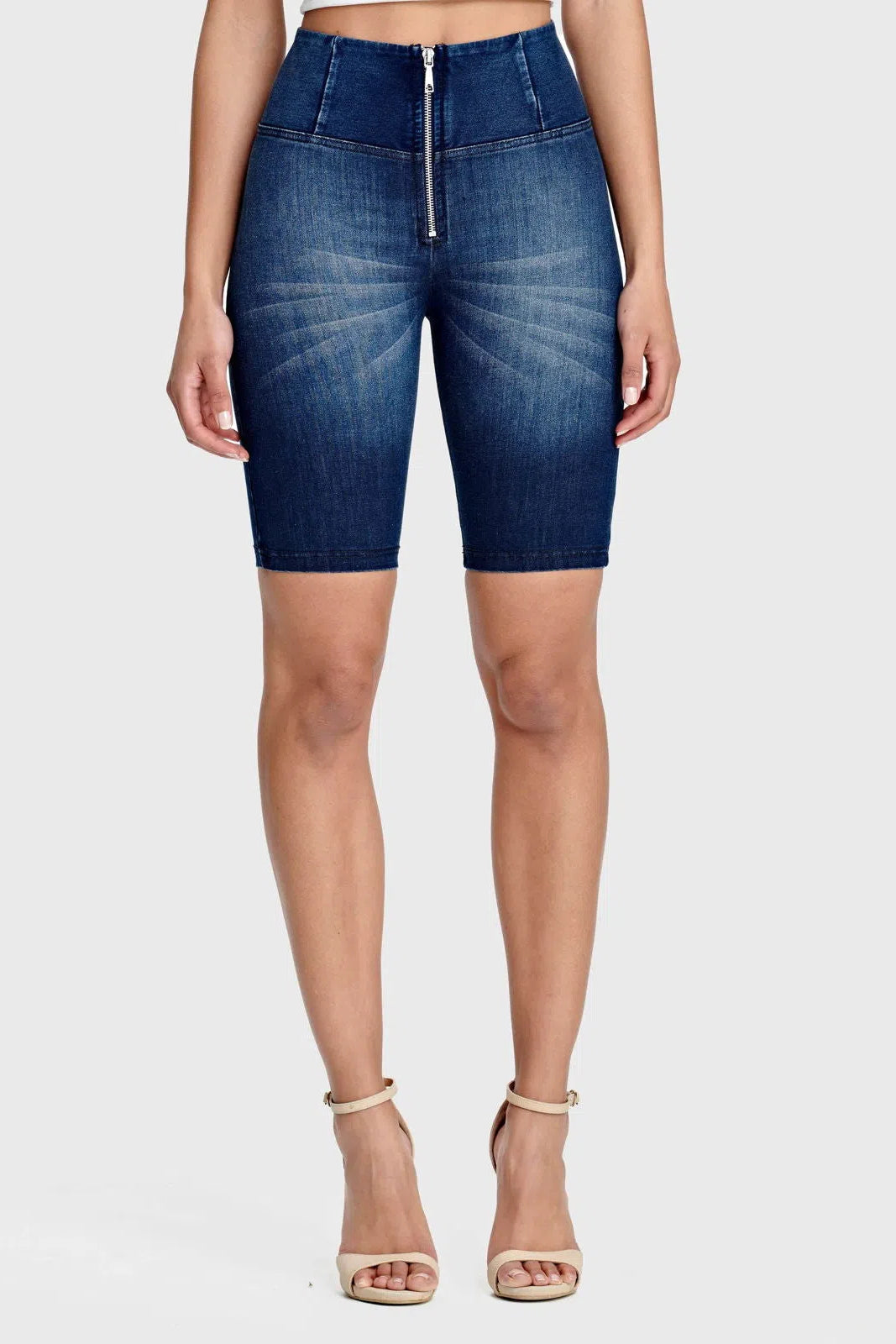 WRUP Denim - High Waisted - Biker Shorts - Dark Blue + Blue Stitching 1