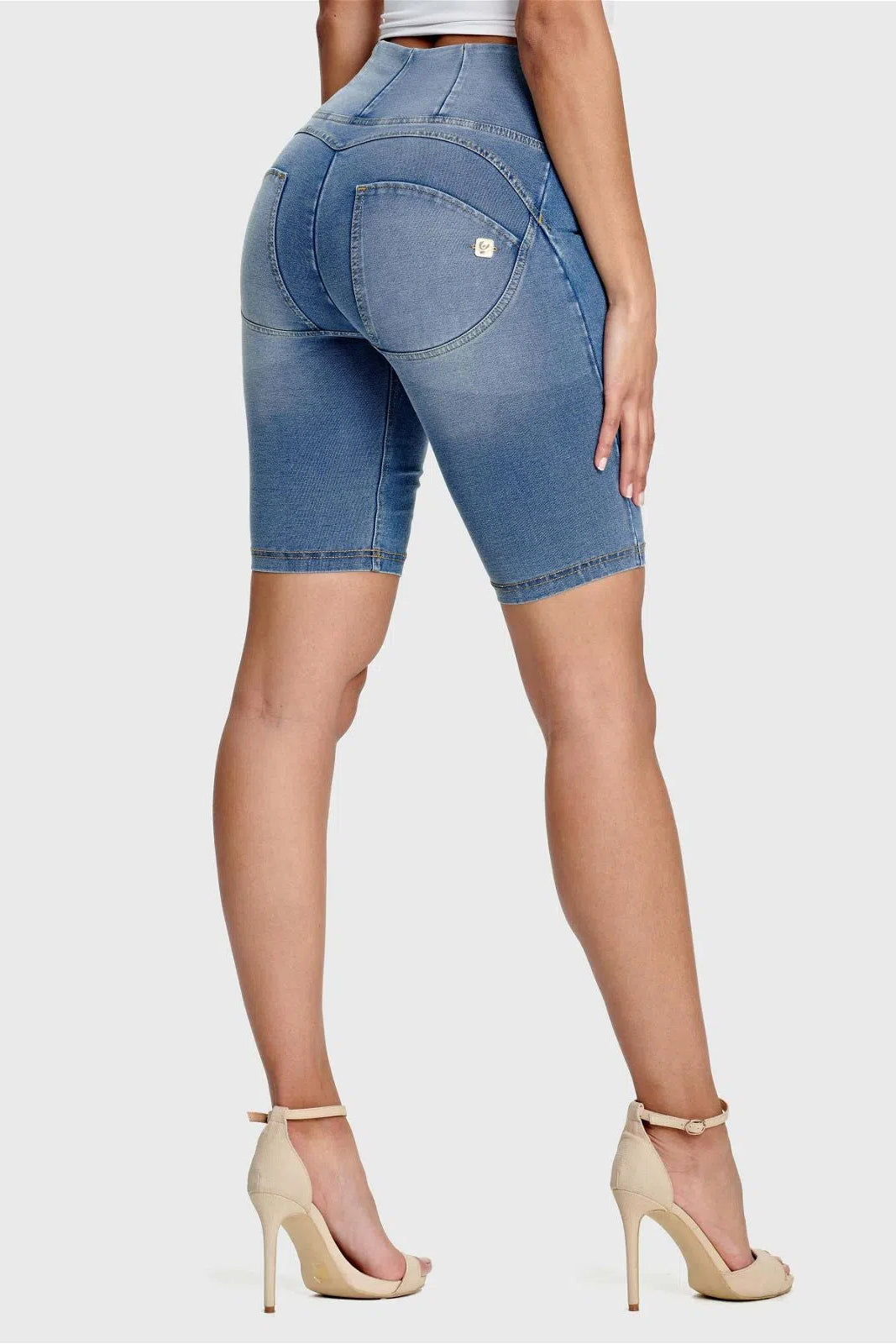 WRUP Denim - High Waisted - Biker Shorts - Light Blue + Yellow Stitching 2