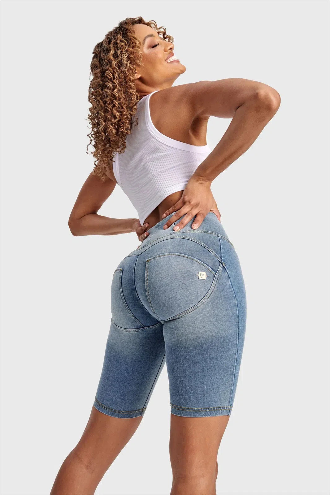 WRUP Denim - High Waisted - Biker Shorts - Light Blue + Yellow Stitching 3