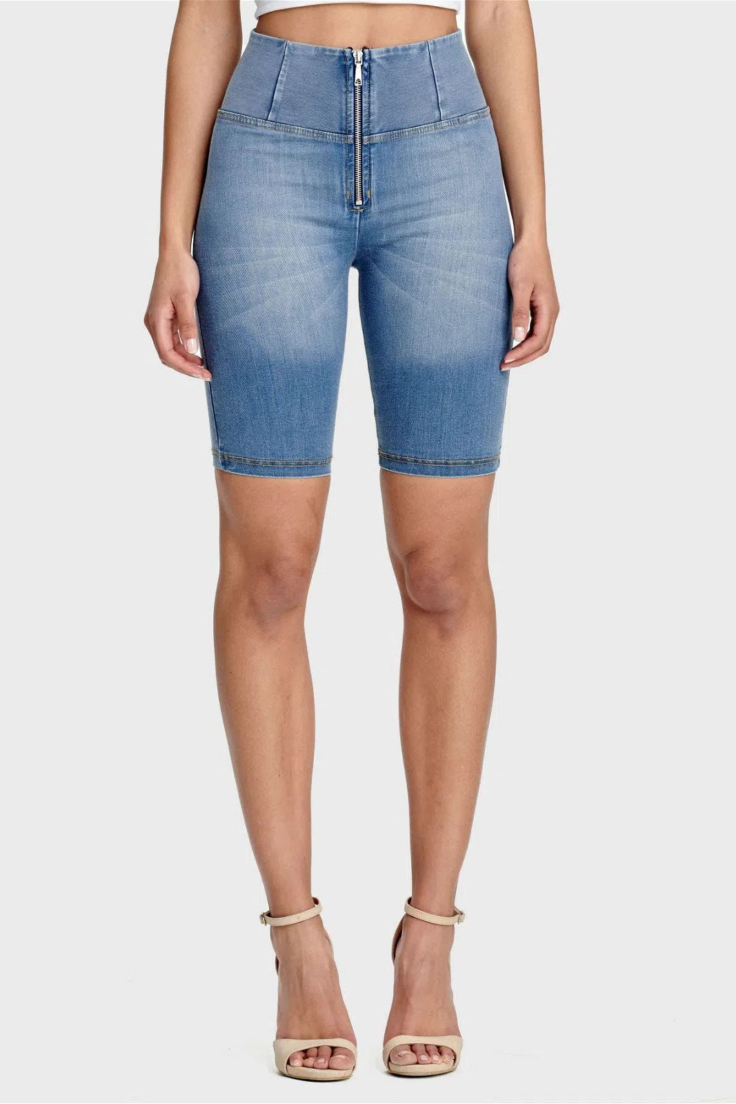 WRUP Denim - High Waisted - Biker Shorts - Light Blue + Yellow Stitching 1