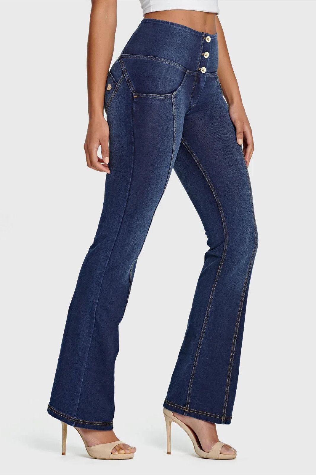 WRUP Denim - High Waisted - Flare - Dark Blue + Yellow Stitching 2
