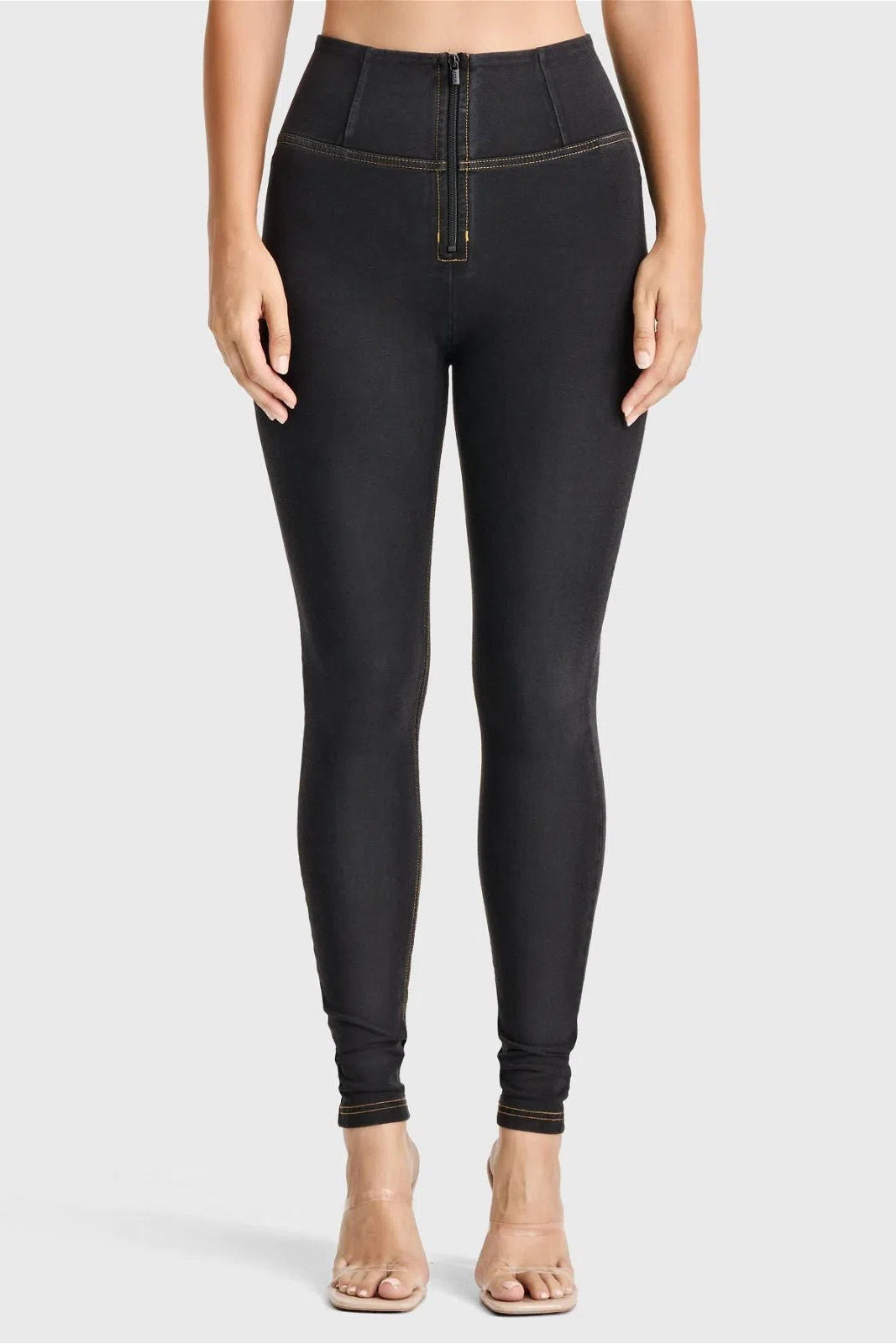 WRUP Denim - High Waisted - Full Length - Black + Yellow Stitching 3