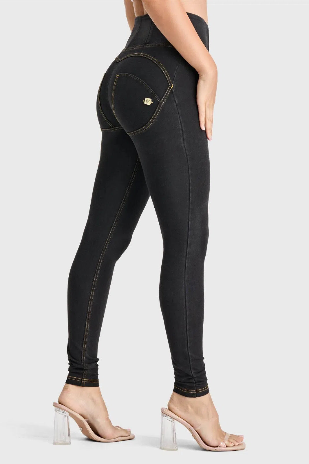 WRUP Denim - High Waisted - Full Length - Black + Yellow Stitching 1