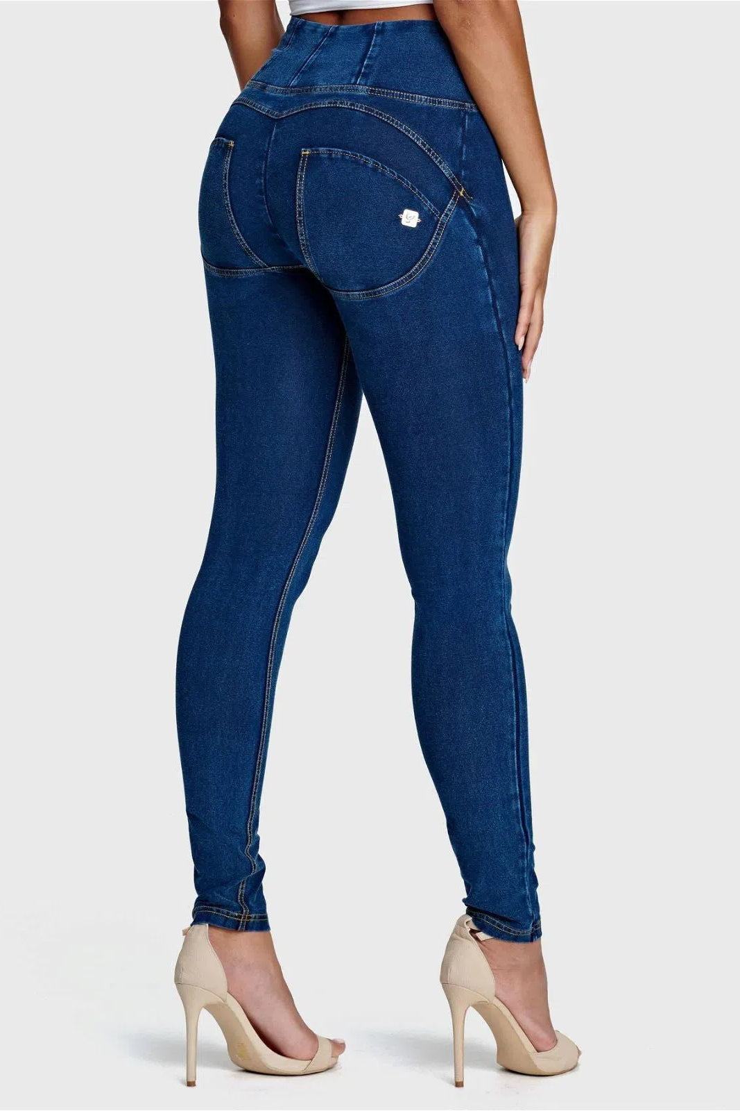 WRUP Denim - High Waisted - Full Length - Dark Blue + Yellow Stitching 1