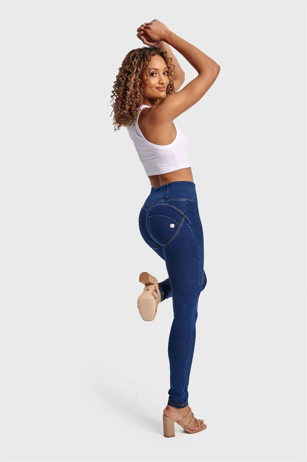 WRUP Denim - High Waisted - Full Length - Dark Blue + Yellow Stitching 2