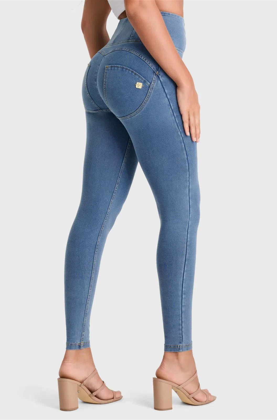 WRUP Denim - High Waisted - Full Length - Light Blue + Yellow Stitching