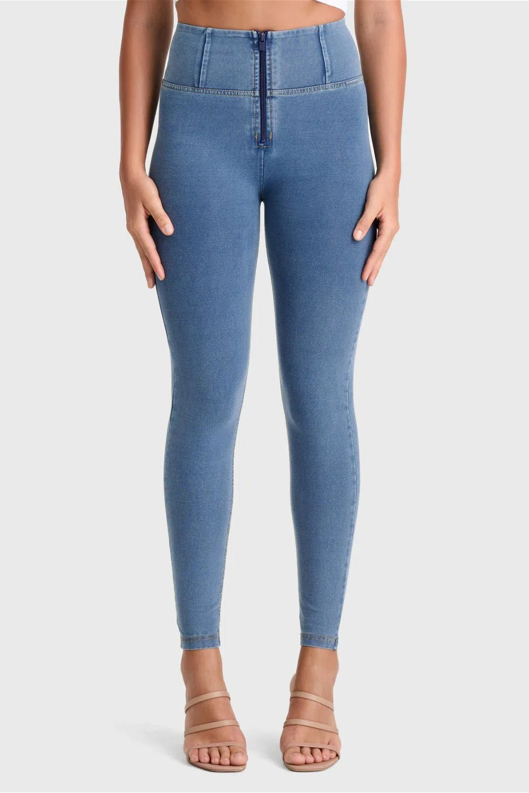WRUP Denim - High Waisted - Full Length - Light Blue + Yellow Stitching 2