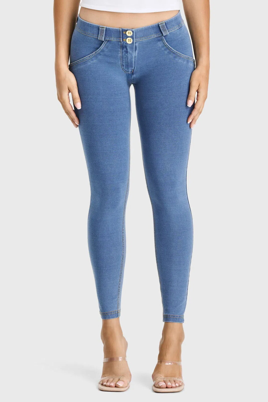 WRUP Denim - Low Rise - 7/8 Length - Light Blue + Yellow Stitching 3