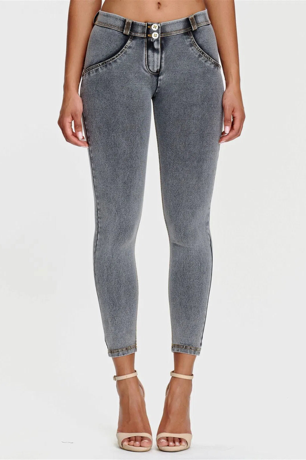 WRUP Denim - Mid Rise - 7/8 Length - Grey + Yellow Stitching 2