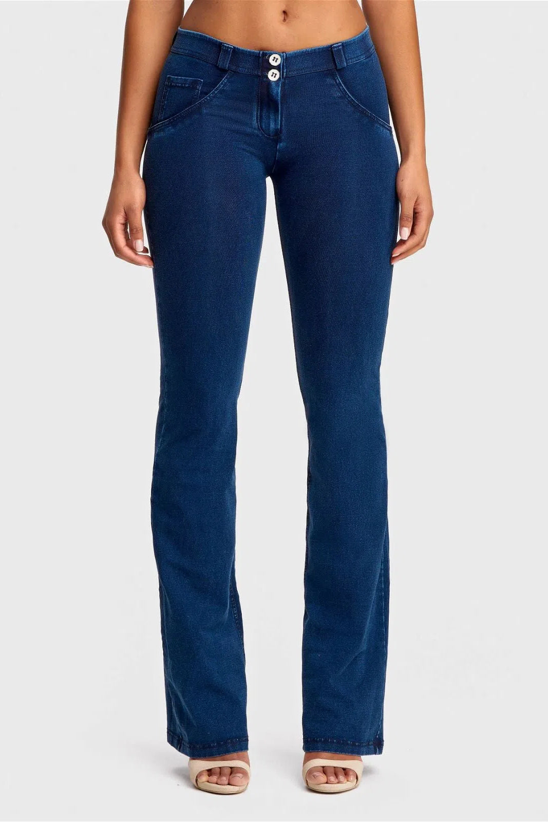 WRUP Denim - Mid Rise - Bell Bottom Flare - Dark Blue + Blue Stitching 2
