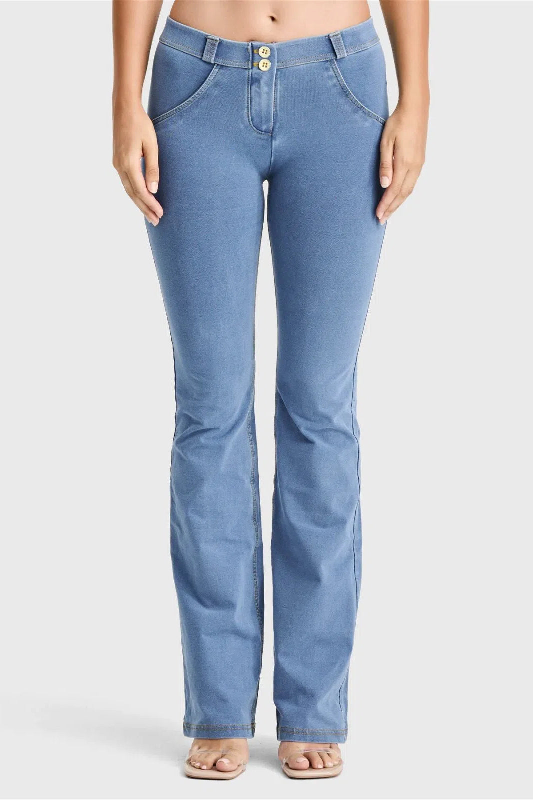 WRUP Denim - Mid Rise - Bell Bottom Flare - Light Blue + Yellow Stitching 2