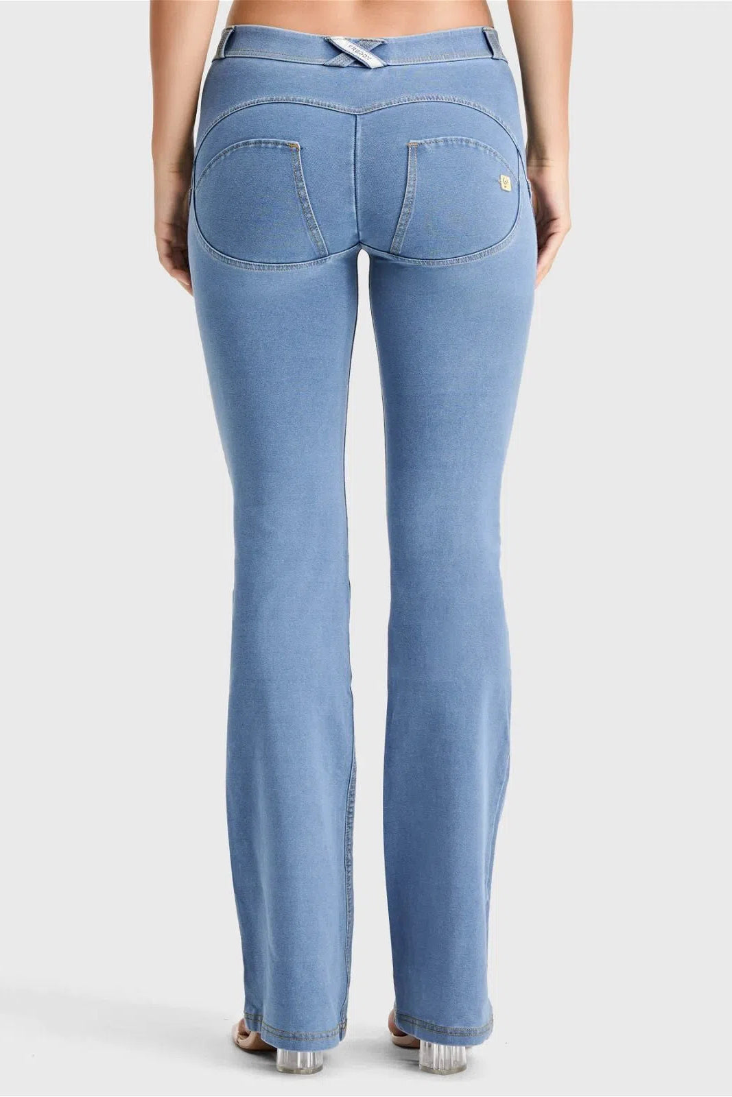 WRUP Denim - Mid Rise - Bell Bottom Flare - Light Blue + Yellow Stitching 3