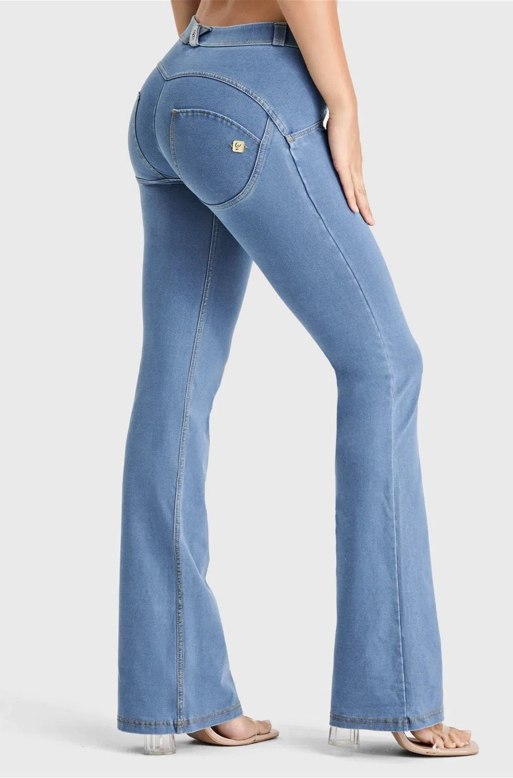 WRUP Denim - Mid Rise - Bell Bottom Flare - Light Blue + Yellow Stitching