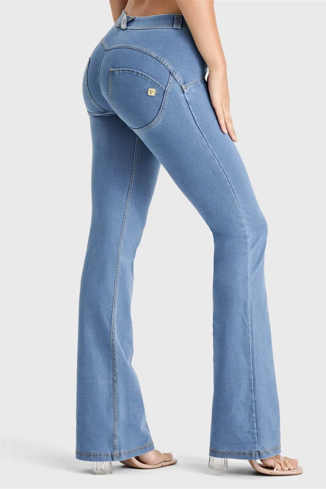 WRUP Denim - Mid Rise - Bell Bottom Flare - Light Blue + Yellow Stitching 1