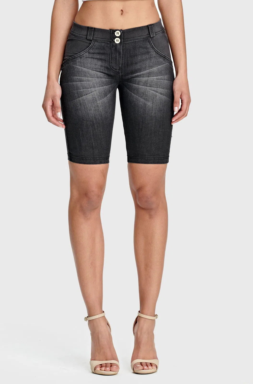 WRUP Denim - Mid Rise - Biker Shorts - Black + Black Stitching
