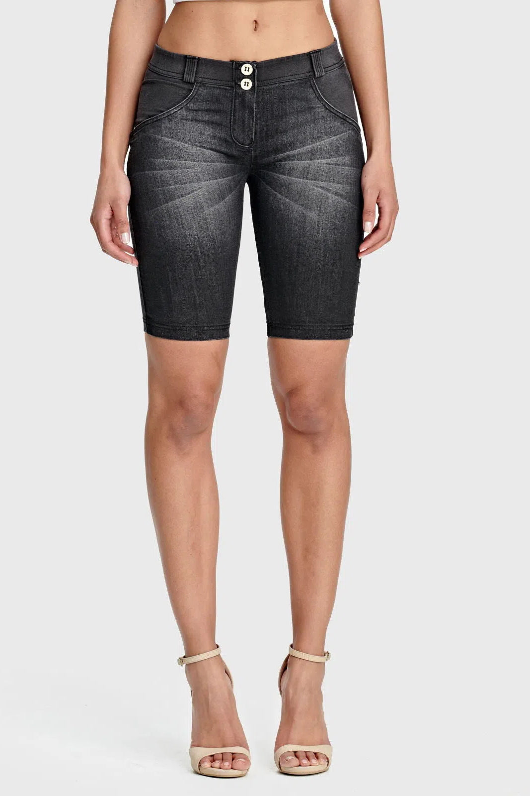 WRUP Denim - Mid Rise - Biker Shorts - Black + Black Stitching 1