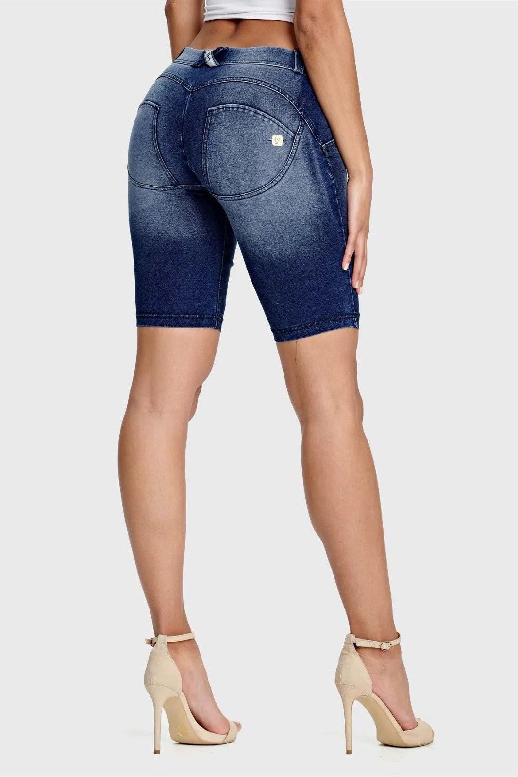WRUP Denim - Mid Rise - Biker Shorts - Dark Blue + Blue Stitching 2