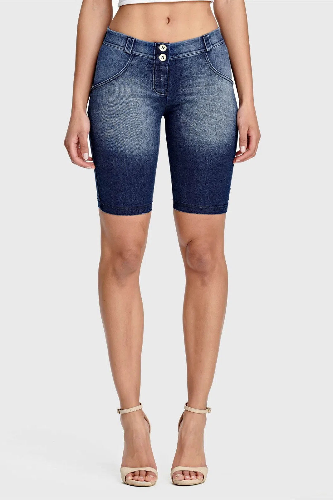 WRUP Denim - Mid Rise - Biker Shorts - Dark Blue + Blue Stitching 1