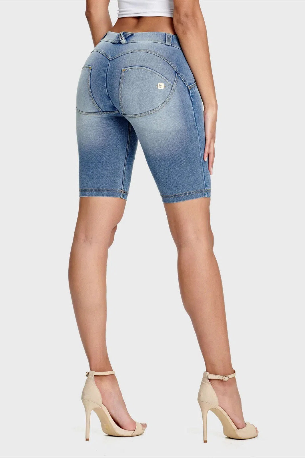 WRUP Denim - Mid Rise - Biker Shorts - Light Blue + Yellow Stitching 2
