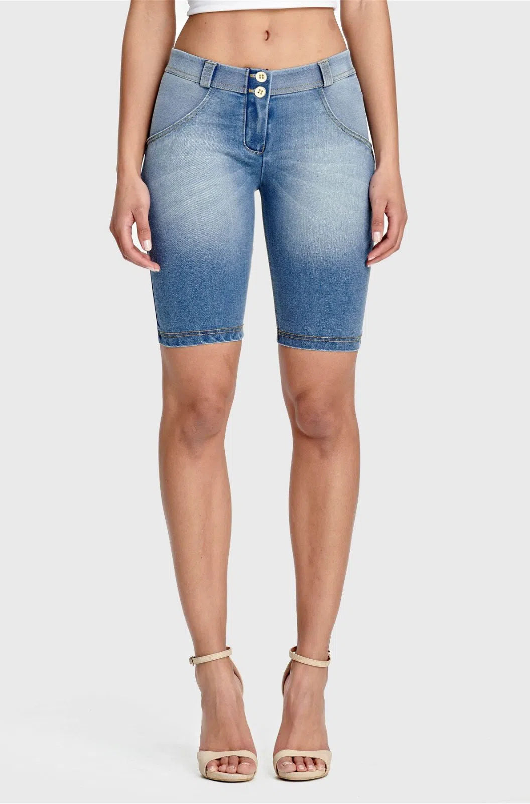 WRUP Denim - Mid Rise - Biker Shorts - Light Blue + Yellow Stitching