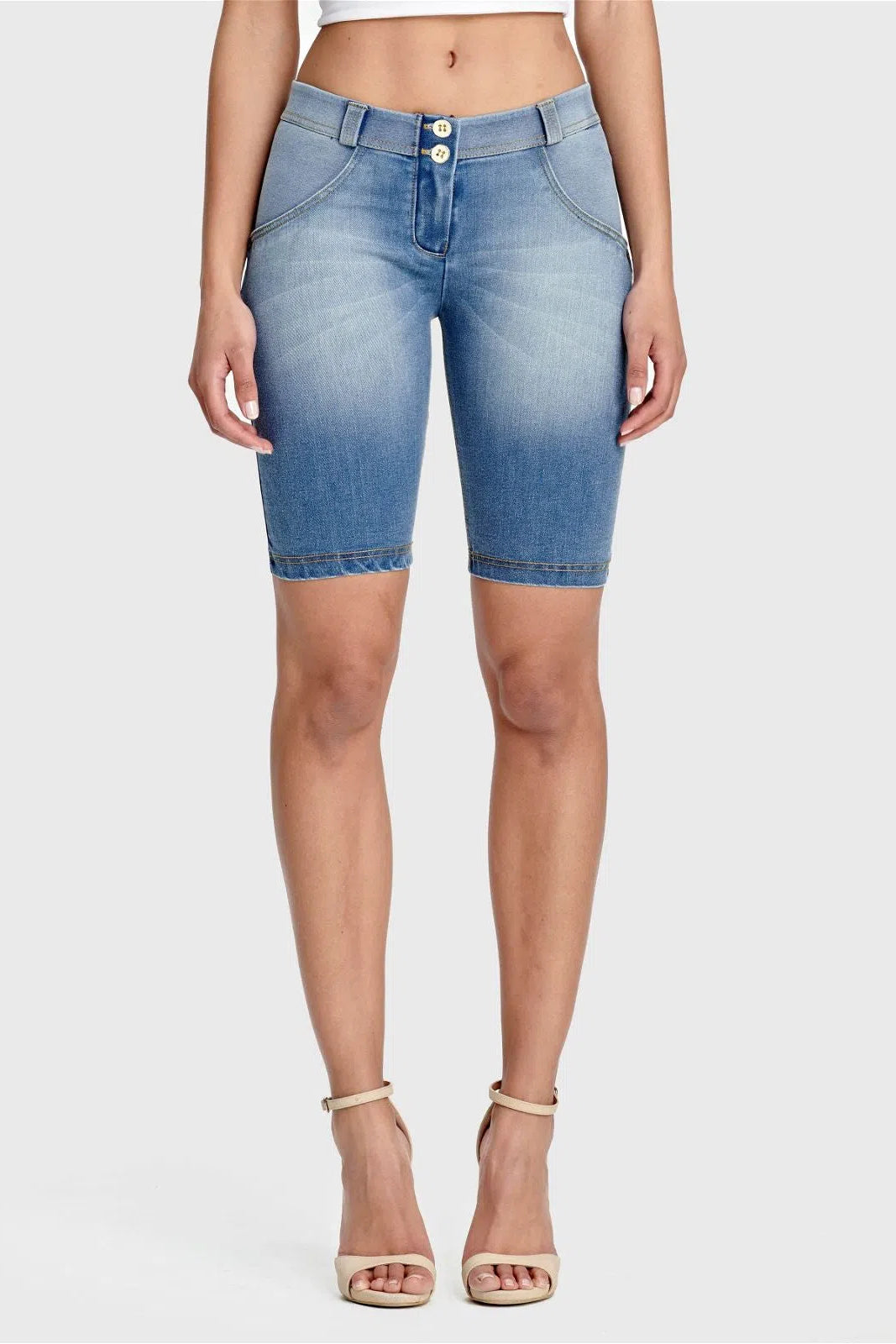 WRUP Denim - Mid Rise - Biker Shorts - Light Blue + Yellow Stitching 1