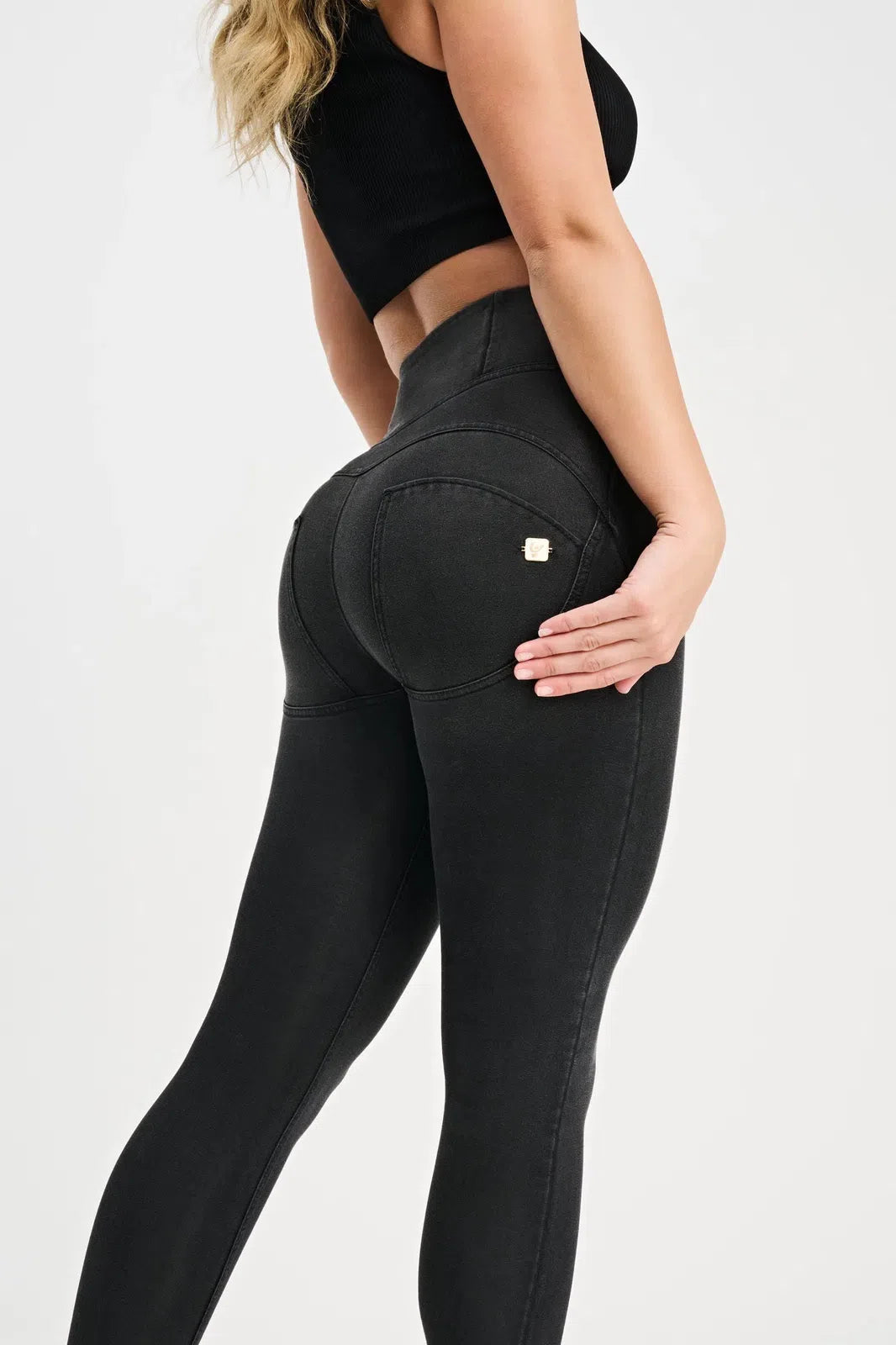 WRUP Denim with Feature Seam - High Waisted - 7/8 Length - Black + Black Stitching 2