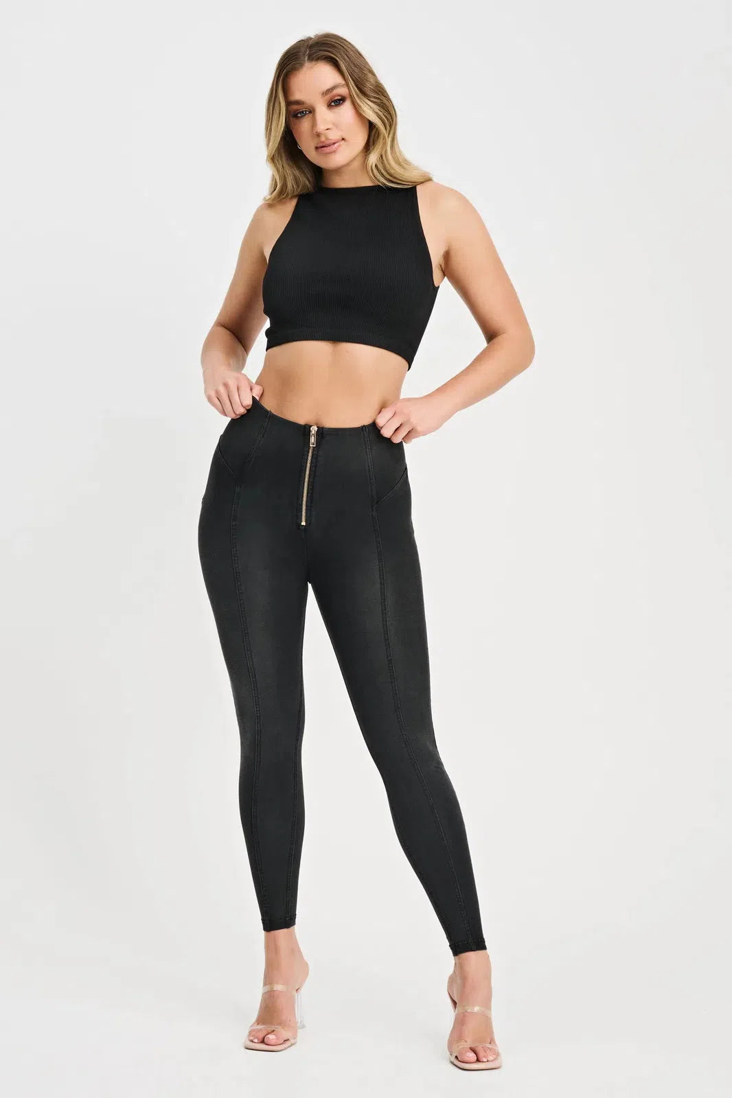 WRUP Denim with Feature Seam - High Waisted - 7/8 Length - Black + Black Stitching 3