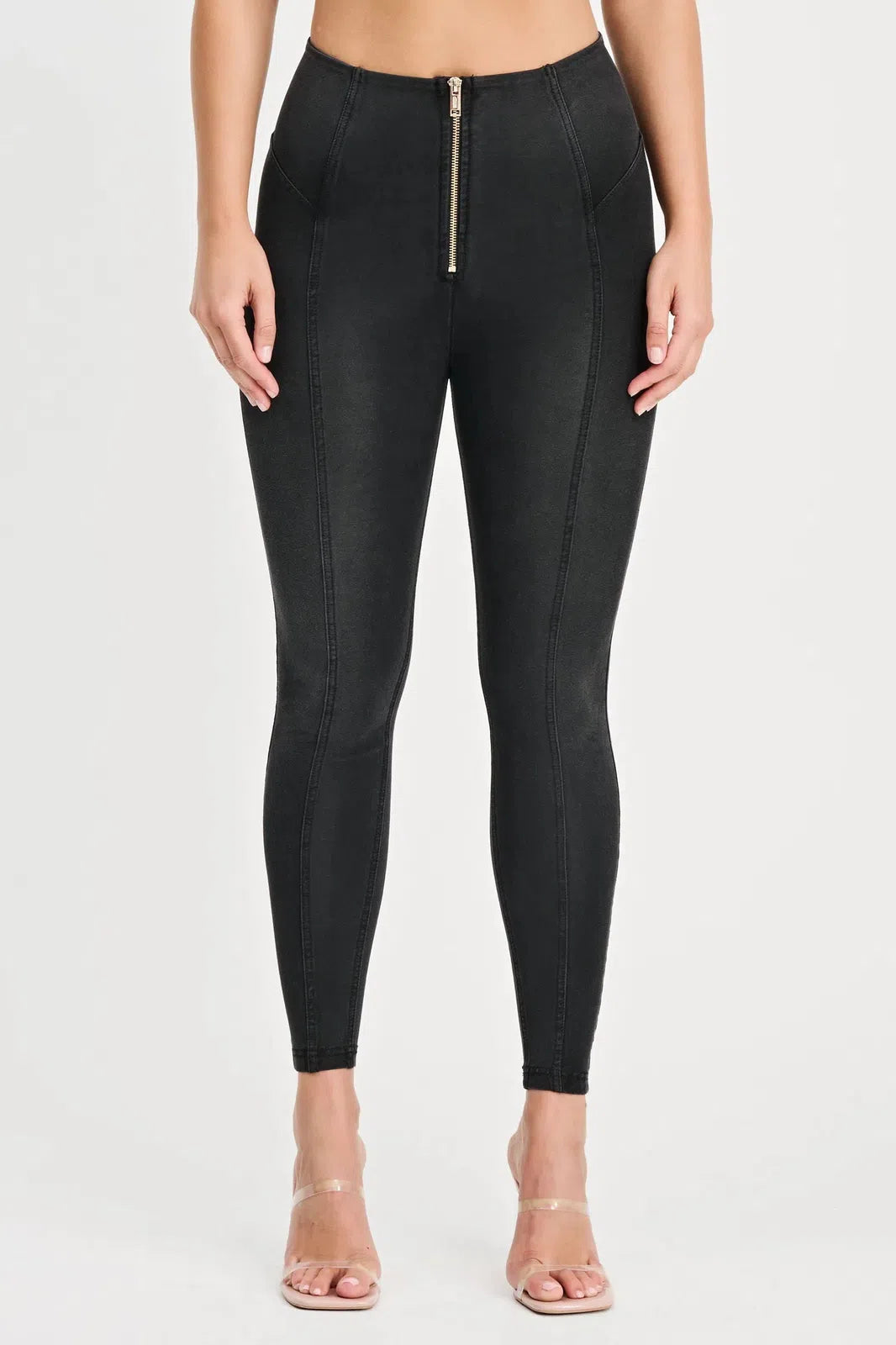 WRUP Denim with Feature Seam - High Waisted - 7/8 Length - Black + Black Stitching 1