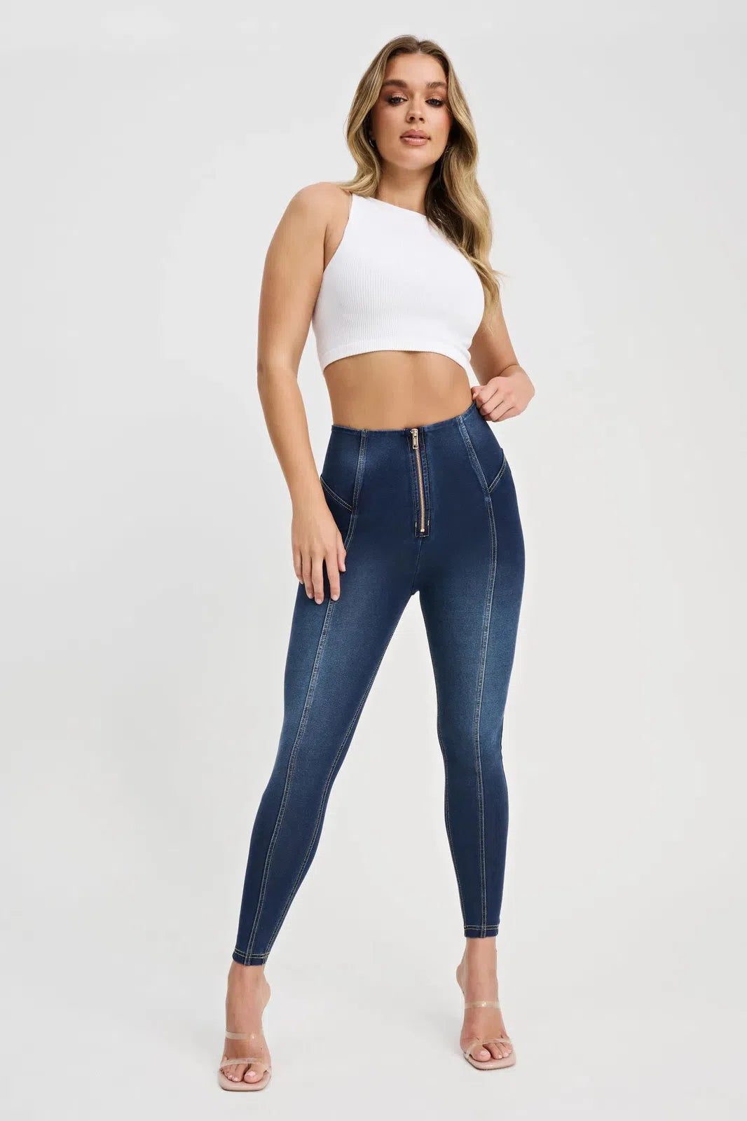 WRUP Denim with Feature Seam - High Waisted - 7/8 Length - Dark Blue + Beige Stitching 3