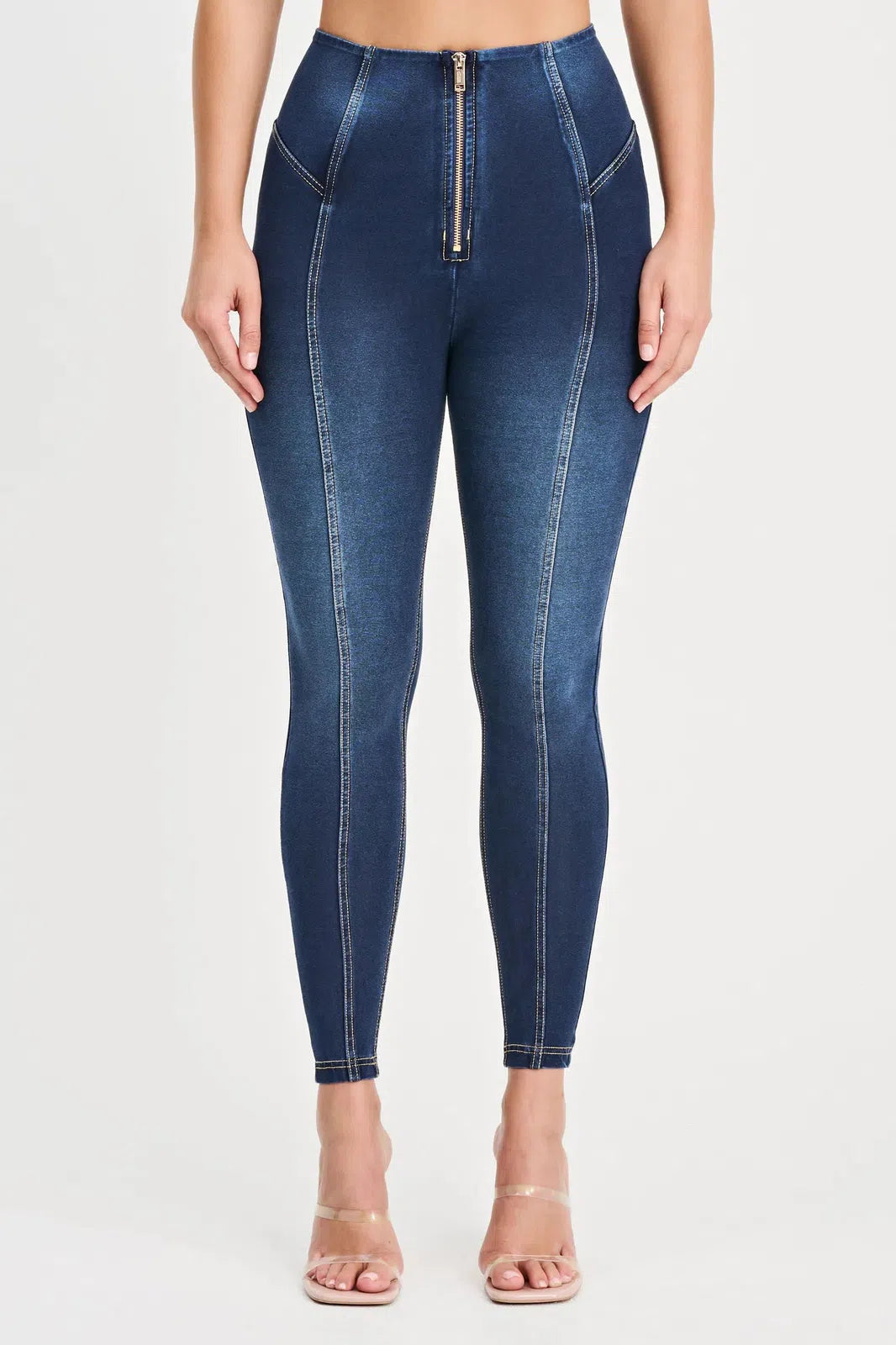 WRUP Denim with Feature Seam - High Waisted - 7/8 Length - Dark Blue + Beige Stitching 1