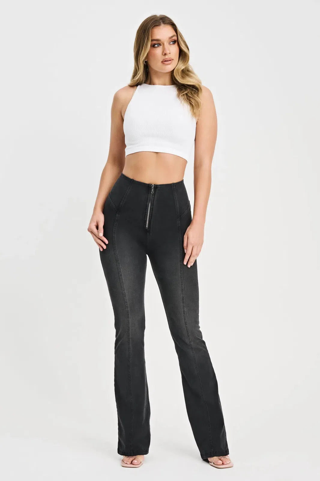 WRUP Denim with Feature Seam - High Waisted - Bell Bottom Flare - Black + Black Stitching 3