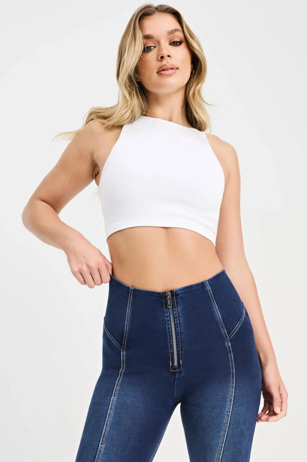 WRUP Denim with Feature Seam - High Waisted - Bell Bottom Flare - Dark Blue + Beige Stitching 3