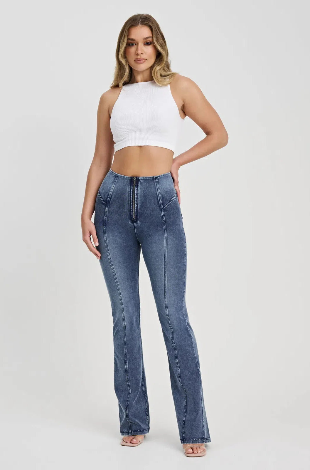 WRUP Denim with Feature Seam - High Waisted - Bell Bottom Flare - Vintage Blue + Blue Stitching