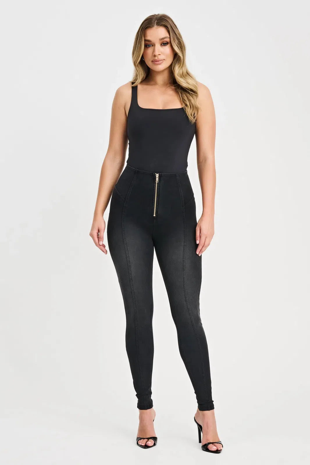 WRUP Denim with Feature Seam - High Waisted - Full Length - Black + Black Stitching 1