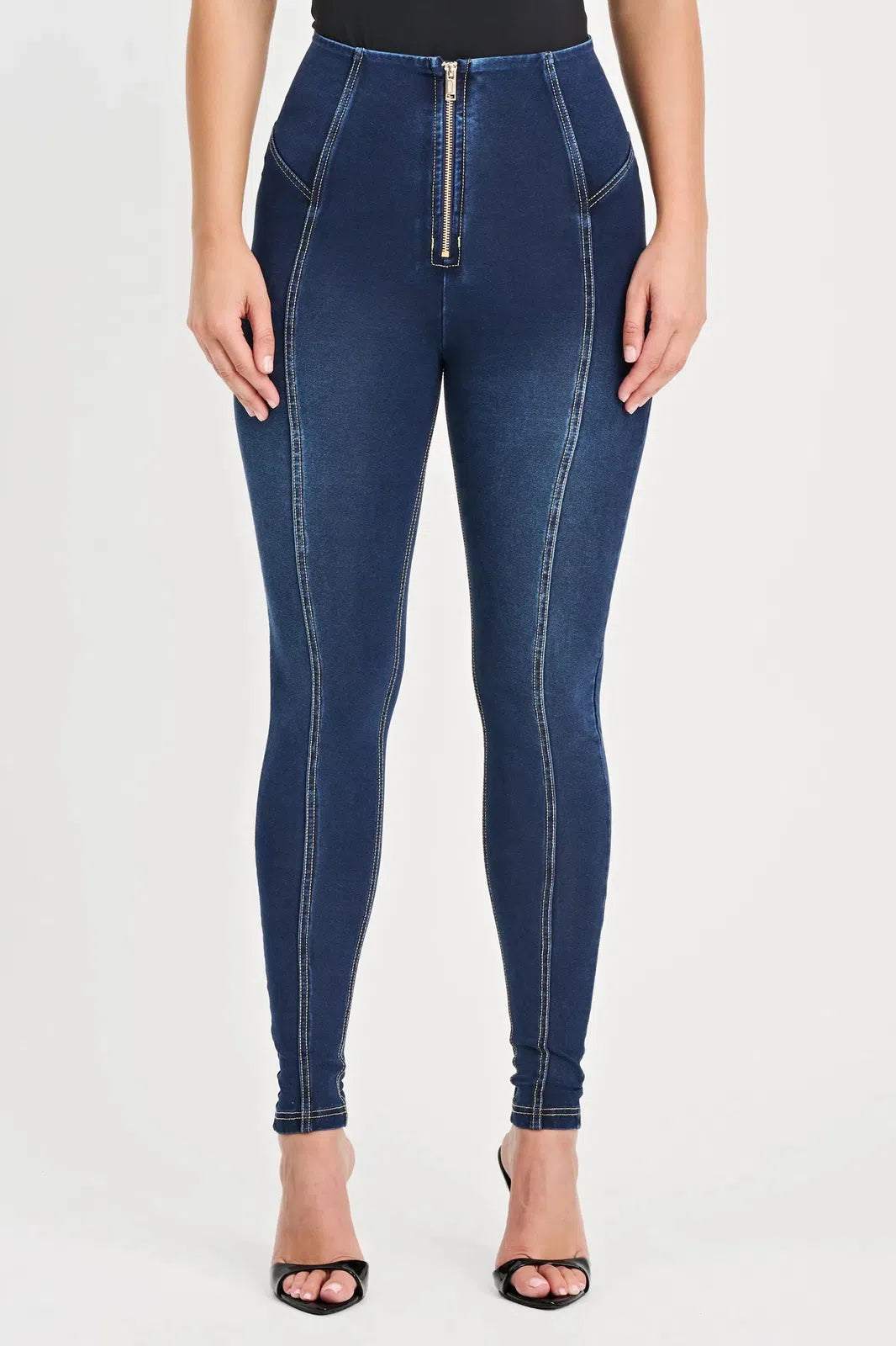 WRUP Denim with Feature Seam - High Waisted - Full Length - Dark Blue + Beige Stitching 3