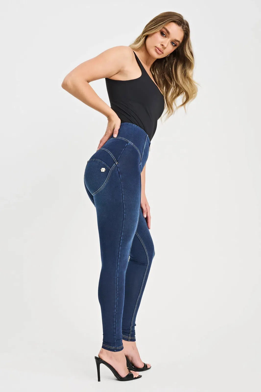 WRUP Denim with Feature Seam - High Waisted - Full Length - Dark Blue + Beige Stitching 2
