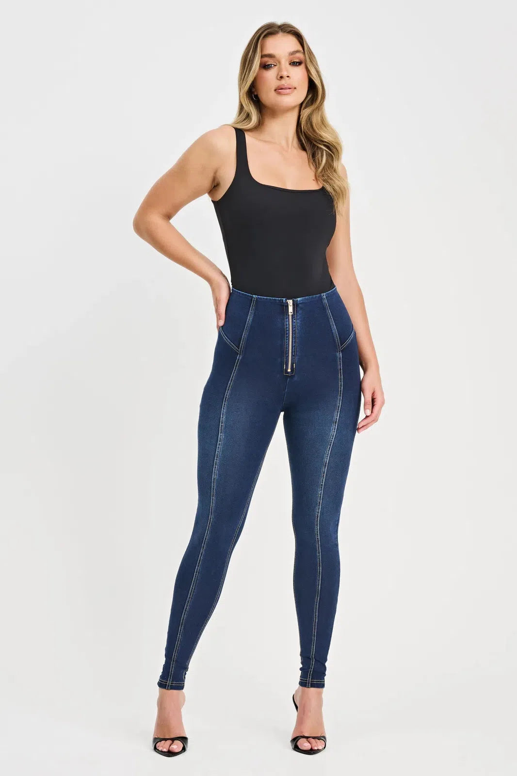 WRUP Denim with Feature Seam - High Waisted - Full Length - Dark Blue + Beige Stitching 1