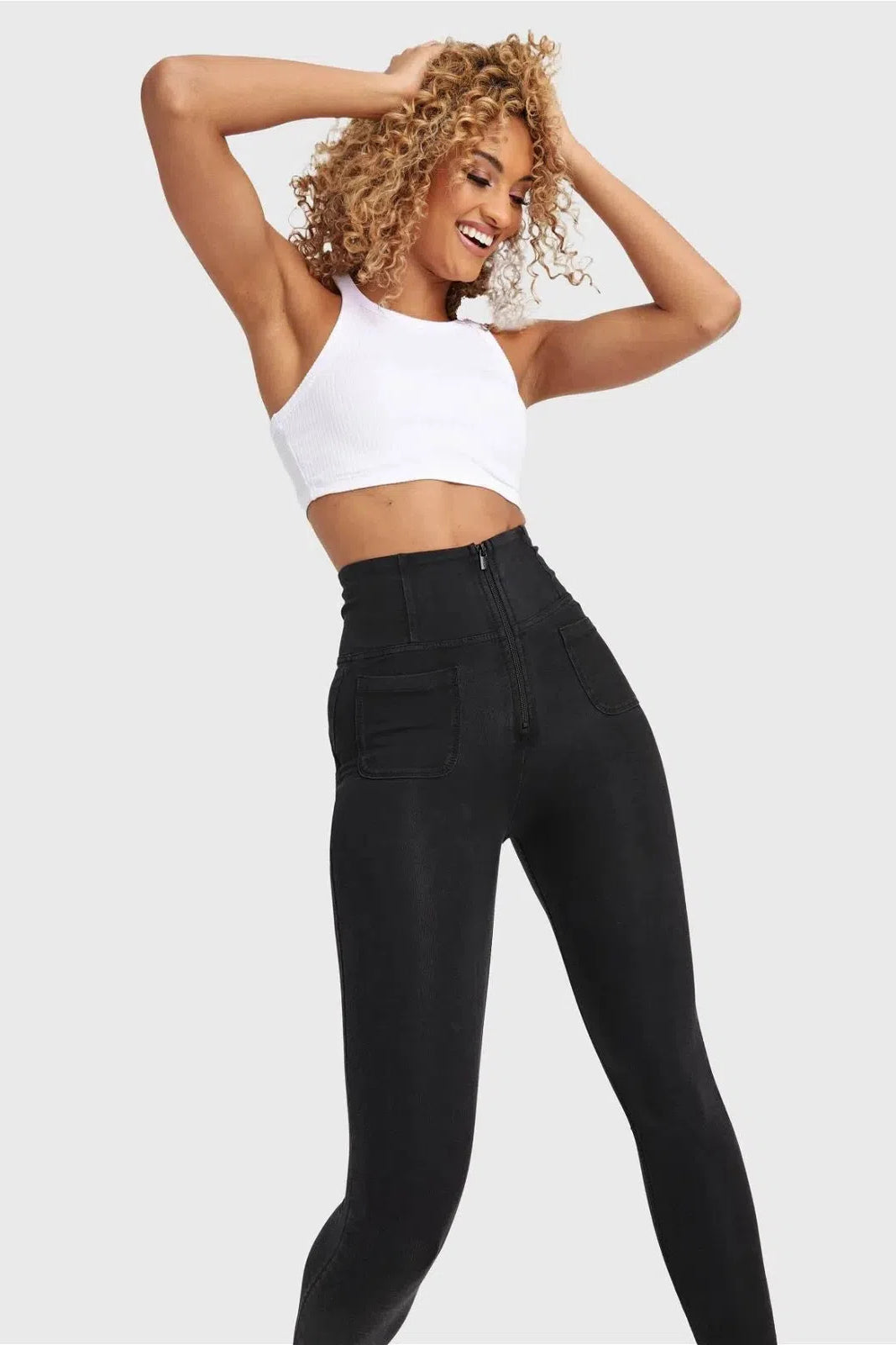 WRUP Denim With Front Pockets - Super High Waisted - 7/8 Length - Black + Black Stitching 2