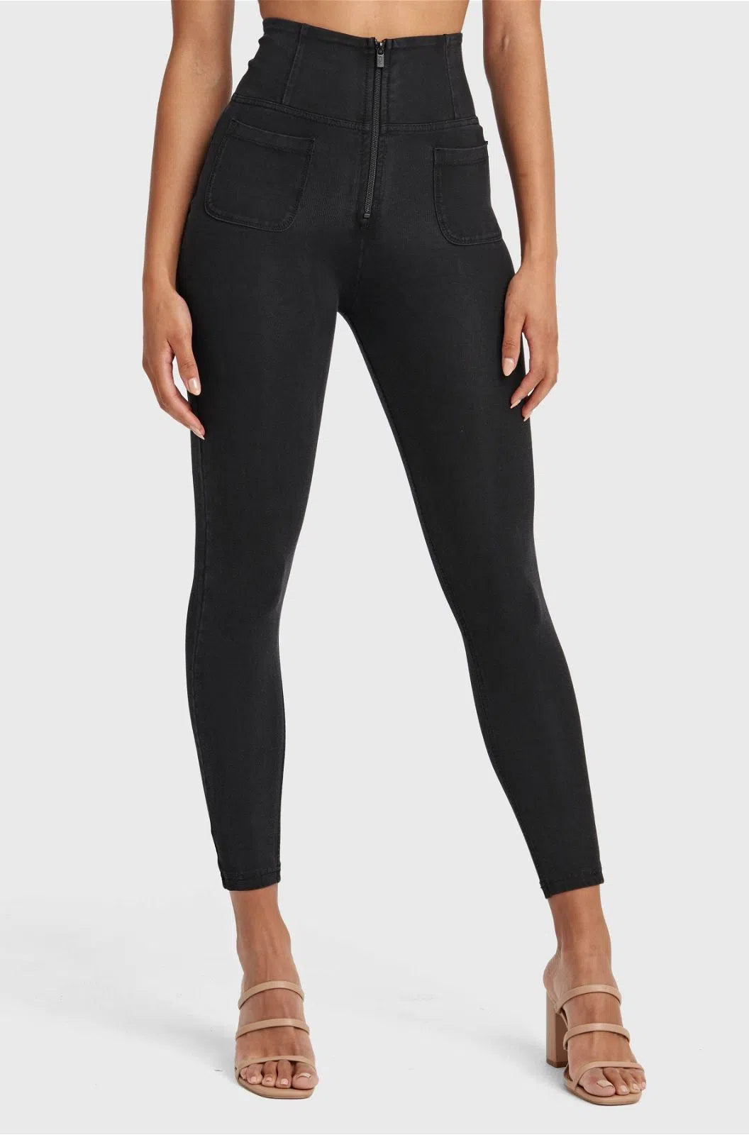 WRUP Denim With Front Pockets - Super High Waisted - 7/8 Length - Black + Black Stitching