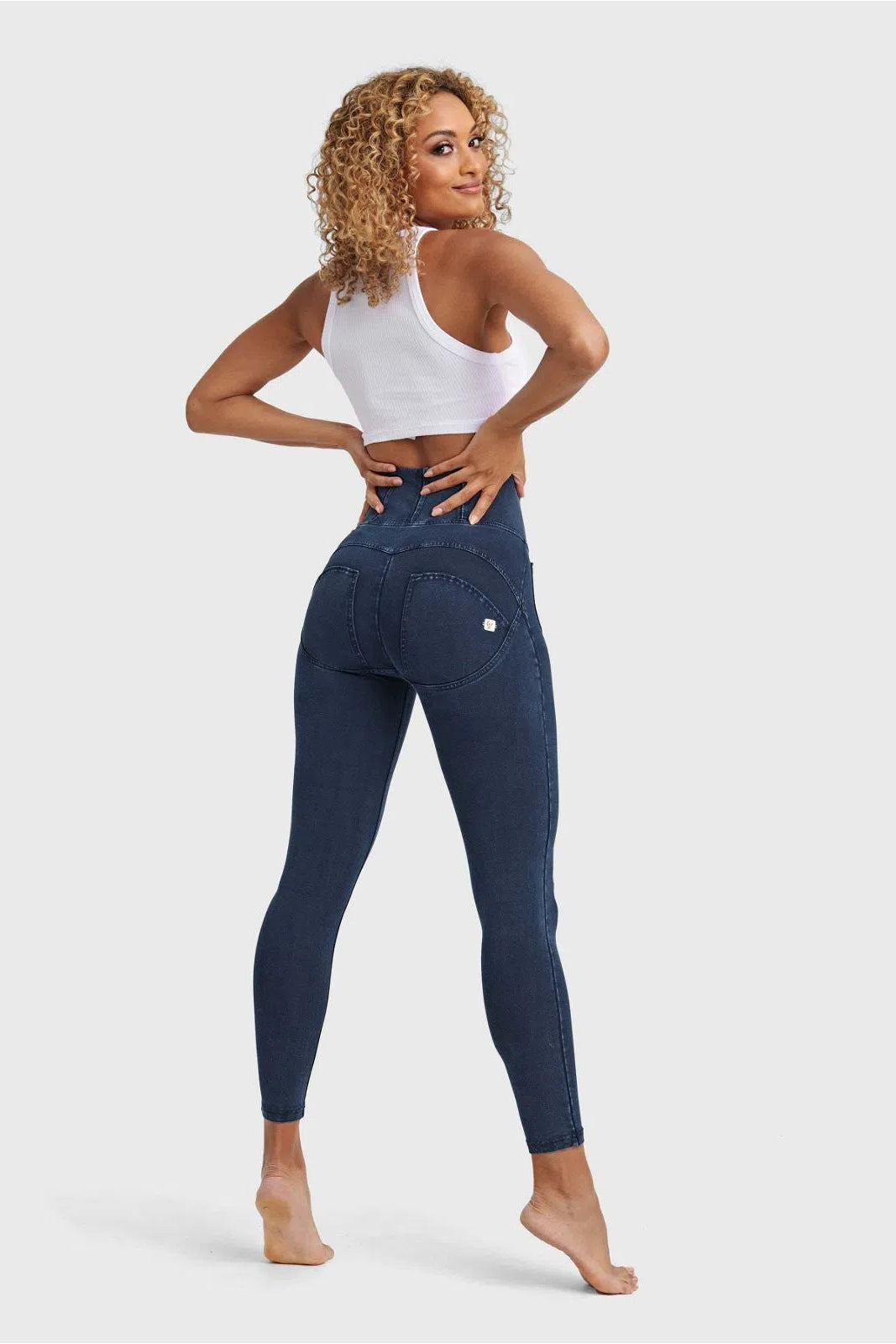 WRUP Denim With Front Pockets - Super High Waisted - 7/8 Length - Dark Blue + Blue Stitching 3