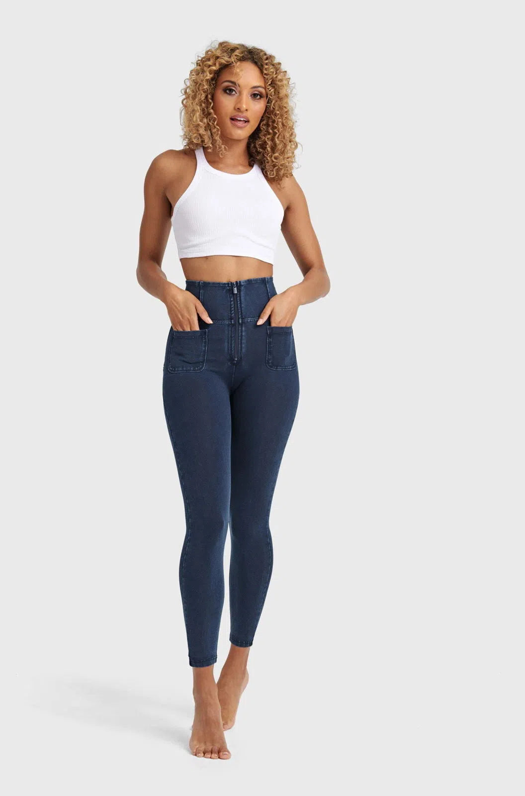 WRUP Denim With Front Pockets - Super High Waisted - 7/8 Length - Dark Blue + Blue Stitching