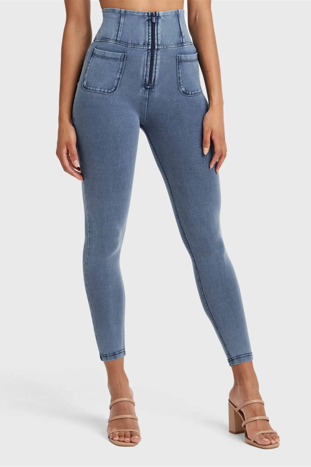 WRUP Denim With Front Pockets - Super High Waisted - 7/8 Length - Light Blue + Blue Stitching 1