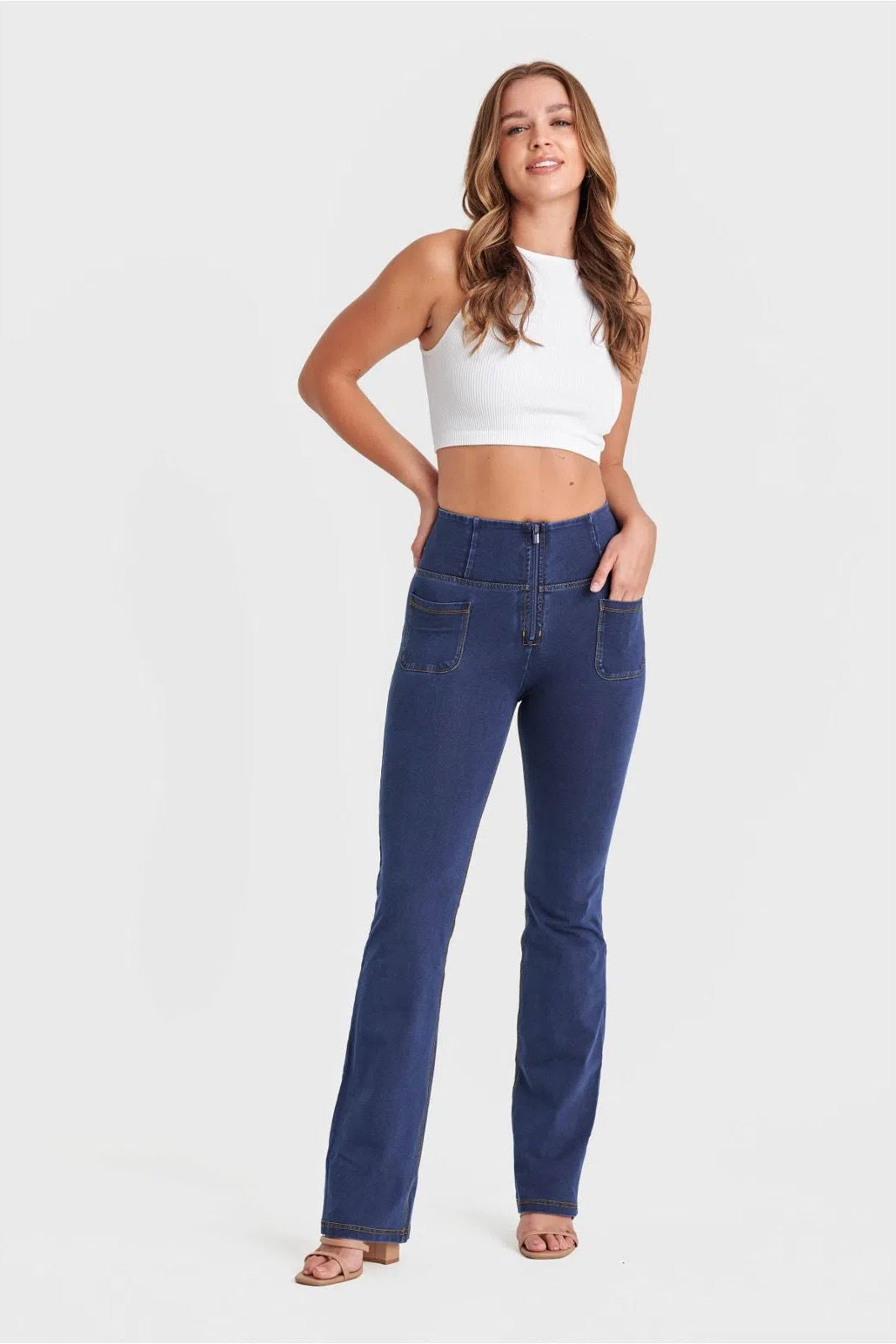 WRUP Denim with Front Pockets - Super High Waisted - Flare - Dark Blue + Yellow Stitching 2