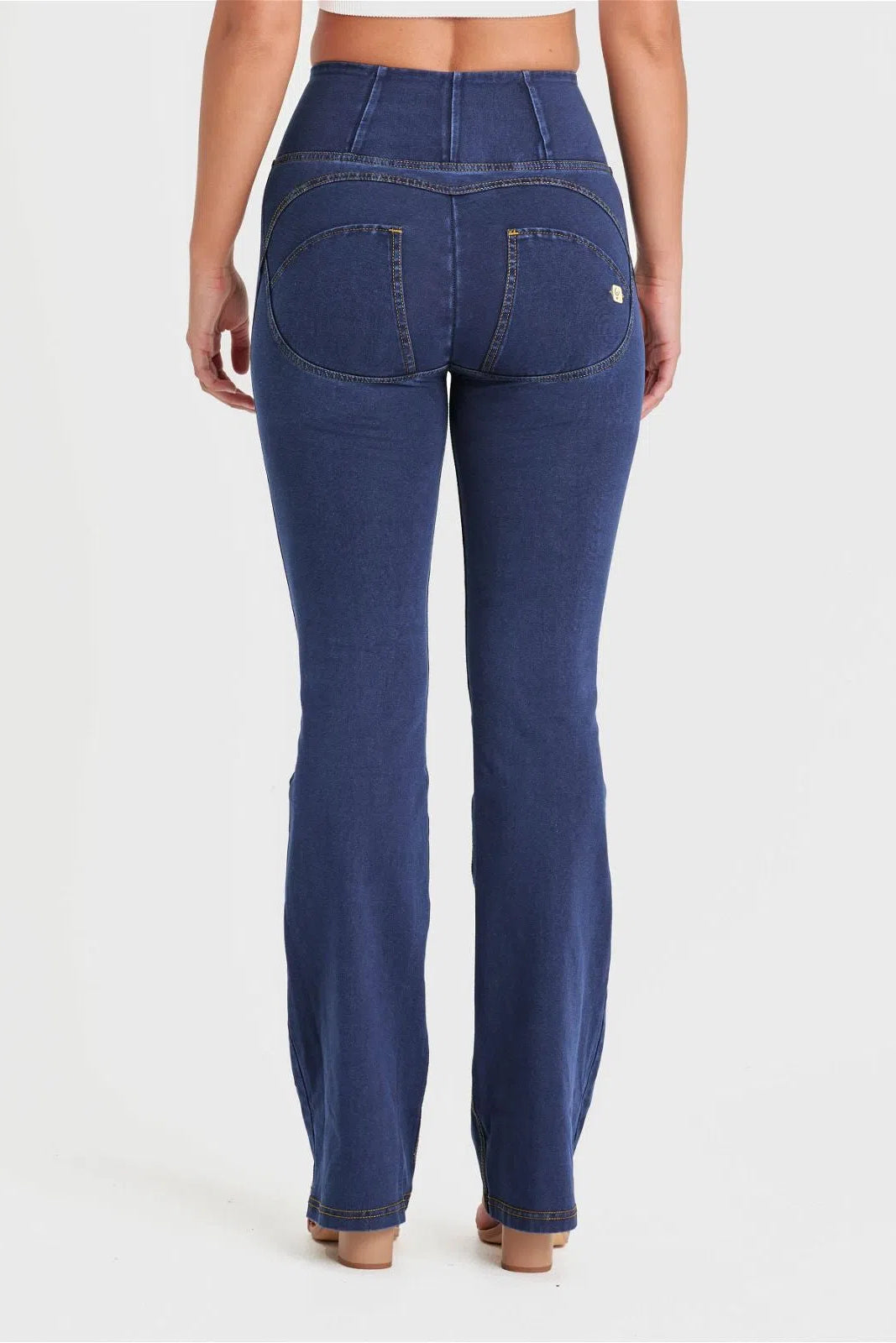 WRUP Denim with Front Pockets - Super High Waisted - Flare - Dark Blue + Yellow Stitching 3