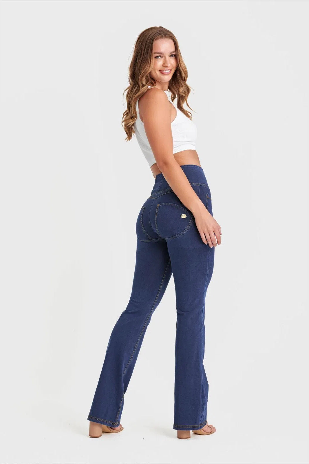 WRUP Denim with Front Pockets - Super High Waisted - Flare - Dark Blue + Yellow Stitching 1