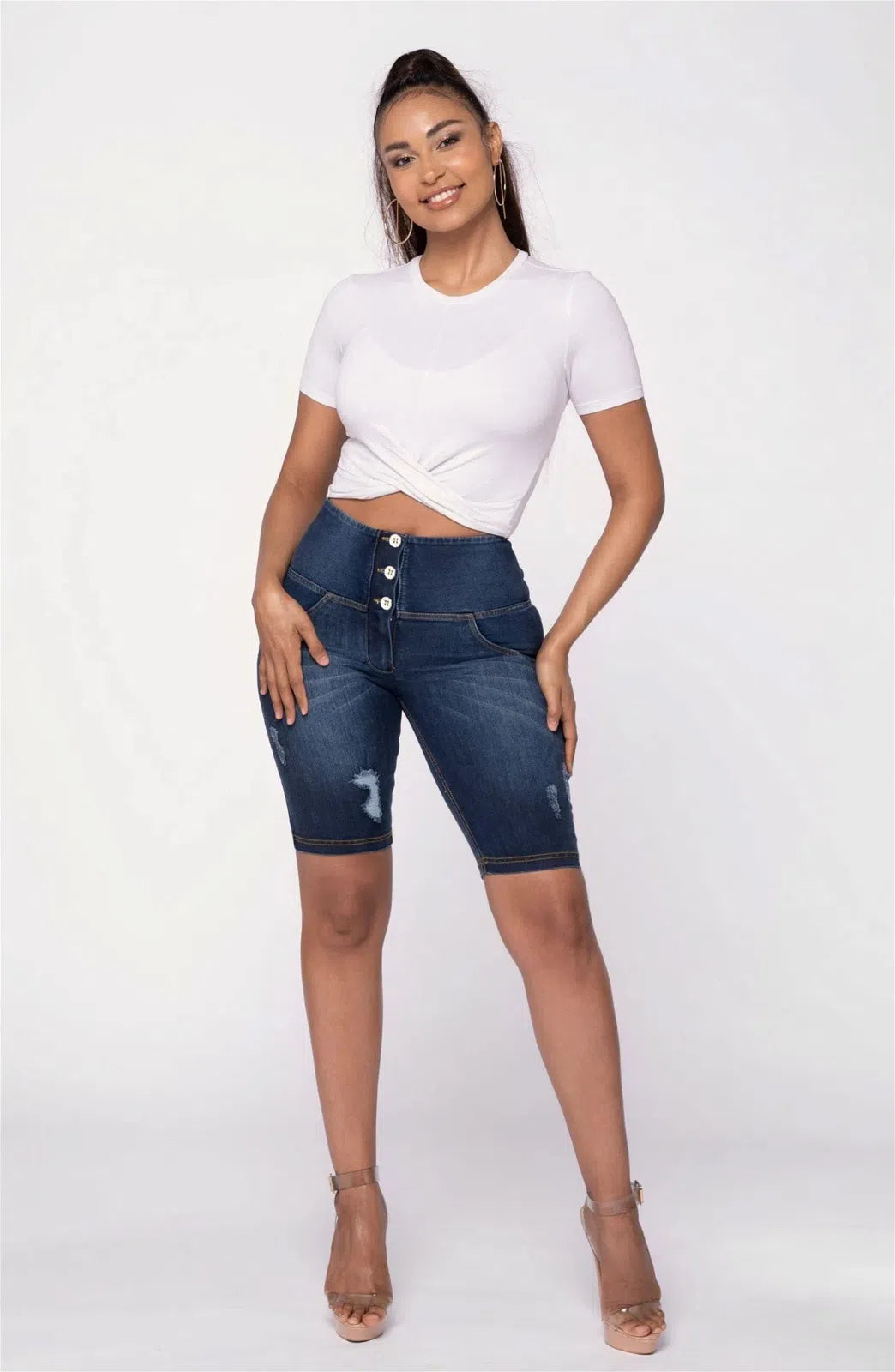 WRUP Distressed Denim - High Waisted - Biker Shorts - Dark Blue + Yellow Stitching 3