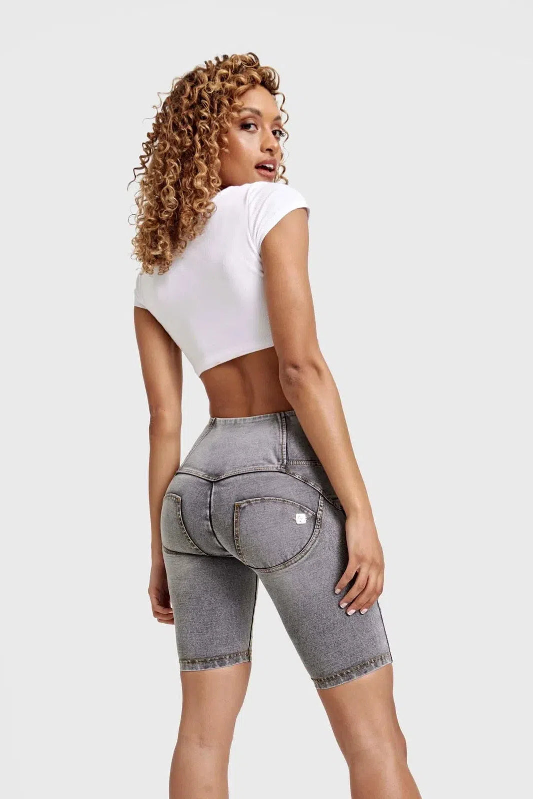WRUP Distressed Denim - High Waisted - Biker Shorts - Grey + Yellow Stitching 2